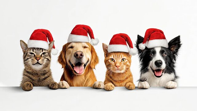 Four pets, dogs and cats wearing Santa hats peeking over blank white banner with happy expressions. Christmas holiday greeting, copy space