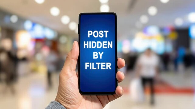 Hand holds smartphone with frustrating message social media post hidden by filter, clear example of content moderation and digital censorship by algorithm