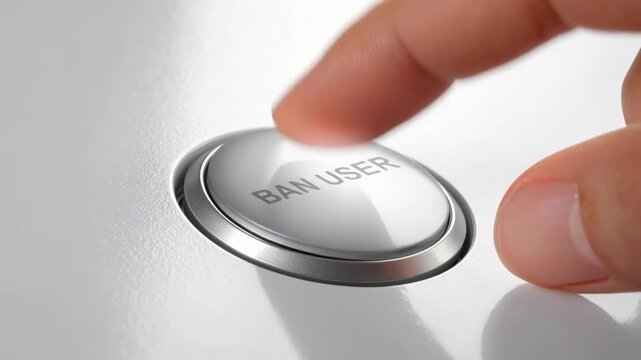 Human power and control symbolized by determined finger pressing silver start button. close up on decisive action, from new beginnings to access denial and moderation