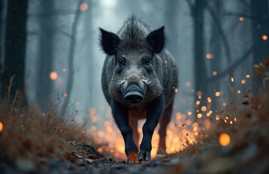Wild boar runs forward through dark forest path. Sparks and debris fly around charging animal. Foggy woods scene with autumn foliage. Danger and wild nature concept.