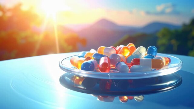 Hopeful mountain sunrise for health and wellness treatment. Medicine, supplement, pill, and capsule on glass plate representing new day for natural healthcare