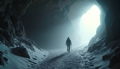 Man walks in winter cave covered with snow. Person explores frozen rocky mountain scenery in fog. Explorer hiking in nature with stick. Mystery and adventure in cold season landscape.