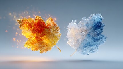 Fire and Ice Two Maple Leaves, One Ablaze, One Frozen Solid, on Blue