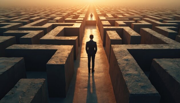 Man in suit stands in a vast maze looking ahead at distant light. He faces complex choices on his journey, seeking a path through the confusing structure toward his goal.