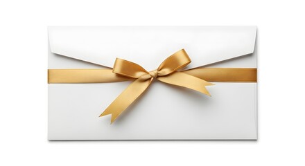Fototapeta premium Elegant white envelope sealed with a luxurious golden ribbon and bow, symbolizing a special invitation or gift.