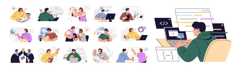 Students set. People are reading books, learning foreign languages, solve maths, programming, study online. School and college education concept. Flat isolated vector illustrations on white background