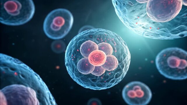 Microscopic science research into embryo cell development and reproduction biology. fascinating exploration of lifes beginning, glowing nucleus, and medical concepts for regeneration