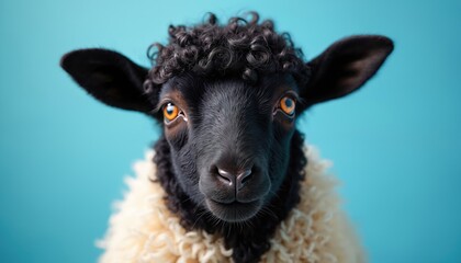 Naklejka premium Black sheep with fluffy white wool looks directly at camera. Bright orange eyes stare intensely against plain blue background. Close up portrait, curious mammal.