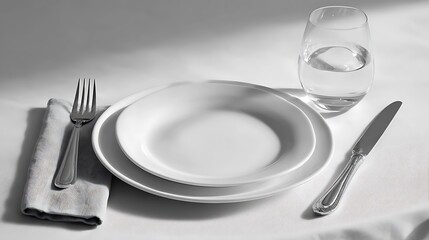 Minimalist dining setup with white plate, silver cutlery, linen napkin, and glass of water on neutral table