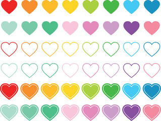 set of colorful hearts, Colorful hearts arranged in rows on a white background in different styles and shades of colors