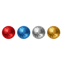 Vibrant disco balls in red, blue, silver, and gold sparkle for parties