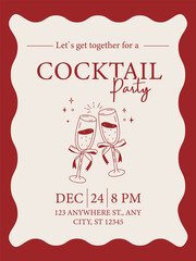 Elegant Christmas cocktail party invitation with two champagne glasses, festive frame, and simple holiday design in red colors.