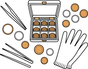 coin storage box, tweezers, gloves, and loose coins