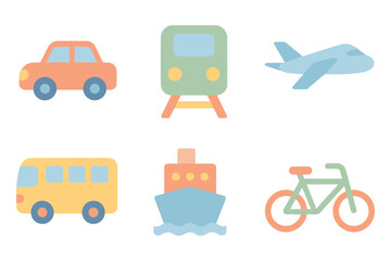 Naklejka premium Pastel transportation icons collection: car, train, airplane, bus, ship, bicycle