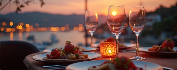 Elegant table setting with gourmet food and wine glasses. Dinner at restaurant overlooking harbor at sunset. Romantic atmosphere with city lights, ocean view, and soft candle light.