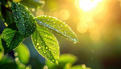Sunlight shines through lush green leaves covered in dew drops, creating a vibrant and fresh natural scene.