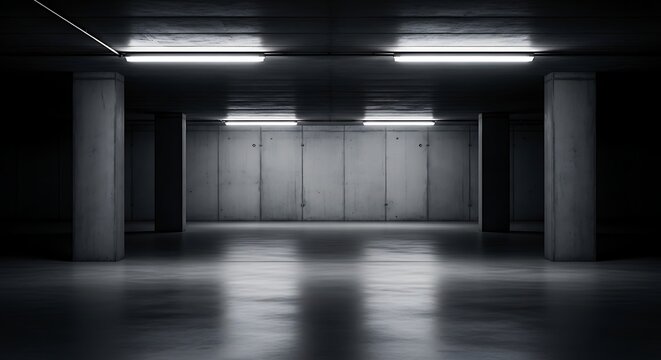 Dark concrete interior with columns and fluorescent lights industrial building