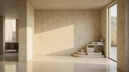 Minimalist brutalist interior with raw concrete walls, tall columns, stepped shelf, and decorative vases illuminated by soft natural light, representing modern architecture and calm luxury design