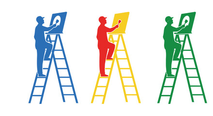 Three artists on ladders painting canvases in vibrant primary colors