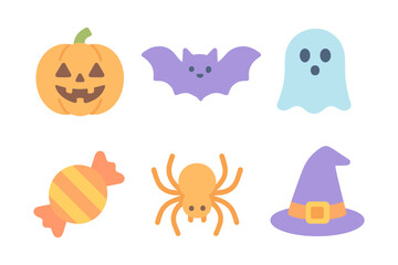 Fototapeta premium Halloween icons: pumpkin, bat, ghost, candy, spider, witch hat