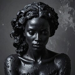 A grayscale depiction of a woman with closed eyes and wet-looking skin