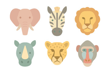 Naklejka premium Colorful flat animal faces including elephant, zebra, lion, rhino, cheetah, monkey