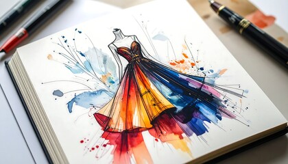 Fashion Design Sketch - Vibrant Dress Illustration on Paper.
