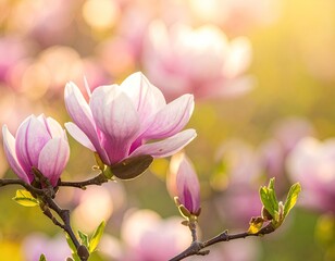 Fototapeta premium Close Up Pink Magnolia Blossoms in Sunlight