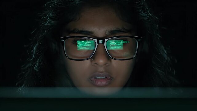 face behind glasses over computer screen. reflection of code on monitor and eye. closeup in night light captures detail of digital interface and concentrated gaze. code glyph mirrored on glass.