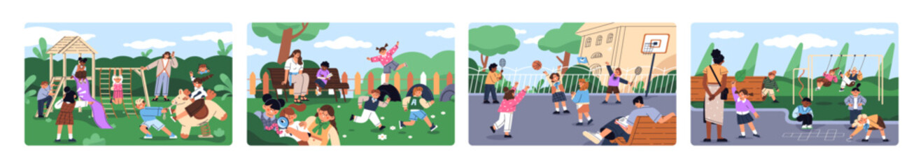 Children have fun on playground set. Happy kids play tag and hopscotch, run, swing and slide on school yard. Little boys and girls are outdoors of kindergarten, daycare. Flat vector illustrations.