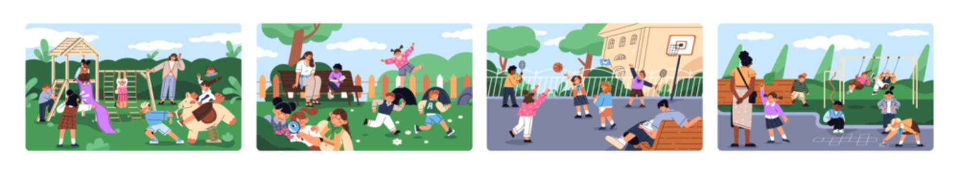 Children have fun on playground set. Happy kids play tag and hopscotch, run, swing and slide on school yard. Little boys and girls are outdoors of kindergarten, daycare. Flat vector illustrations.