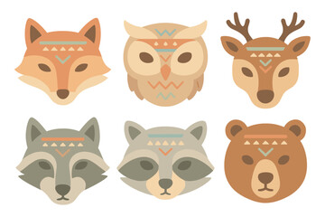 Fototapeta premium Tribal animal faces: fox, owl, deer, raccoon, bear in flat style