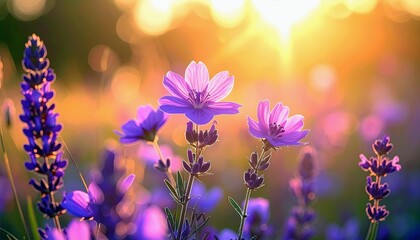 A close-up shot of delicate purple lavender and pink cosmos flowers bathed in the warm glow of golden sunlight, creating a dreamy bokeh effect.