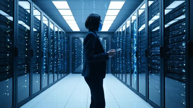 woman walk aisle between server rack and cabinet. network and data indicator blink on server monitor. cable run along cabinet floor and connect rack equipment. sterile data center corridor. led.