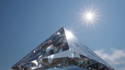 A brilliant faceted crystal prism is illuminated by the bright midday sun casting dazzling reflections against a clear blue sky