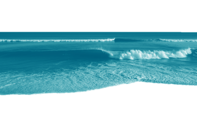 Powerful ocean waves crashing and rolling with foamy crests, vibrant teal blue water texture and movement isolated on transparent background