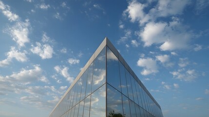 Modern building with a glass facade reflecting a clear blue sky with white clouds