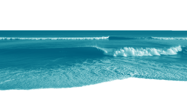 Powerful ocean waves crashing and rolling with foamy crests, vibrant teal blue water texture and movement isolated on transparent background