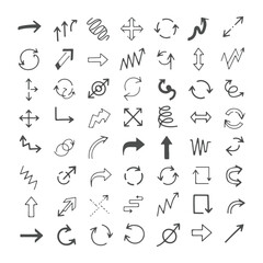 Vector swoosh doodles, hand drawn, arrows, speech bubble, heart, check mark, cross mark, square, circle, exclamation mark, star, curly, bracket, hashtag, geometric shapes, sketch. Black eps file.