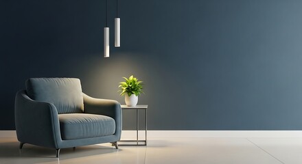 Cozy armchair with a plant and pendant lights in a minimalist room interior furniture