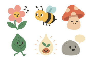 Naklejka premium Whimsical nature characters in cute cartoon style with flowers, bee, and mushroom