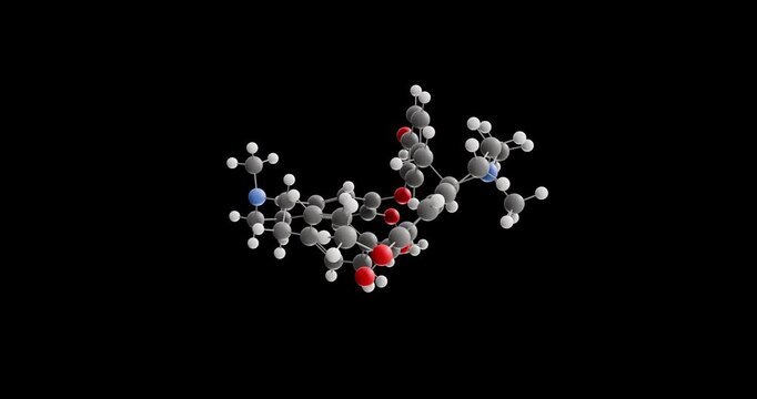 Tubocurarine molecule, rotating 3D model of benzylisoquinoline alkaloid, looped video on a black background
