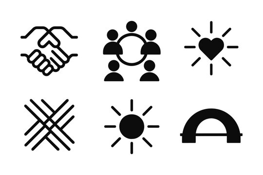 Minimalist black icons: unity, teamwork, love, connection, sunshine, and arch