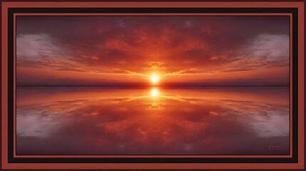 A symmetrical crimson sunset reflects vibrantly on a calm water surface framed by dark borders