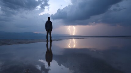 A lone figure stands on a wet reflective surface watching a dramatic lightning storm at dusk