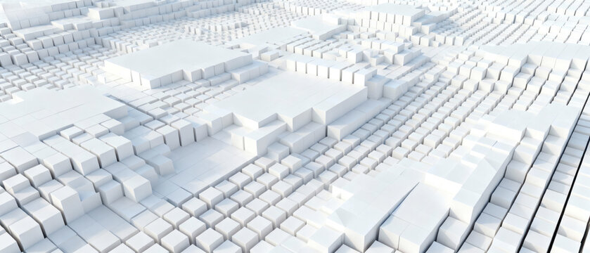 Abstract white geometric shapes with diverse patterns and structured arrangements in a modern design.