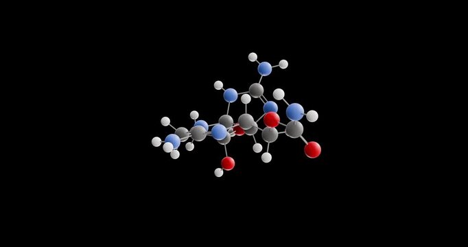 Saxitoxin molecule, rotating 3D model of neurotoxin, looped video on a black background
