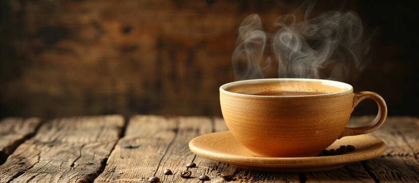 Steaming Coffee Cup on Rustic Wooden Table. - Powered by Adobe