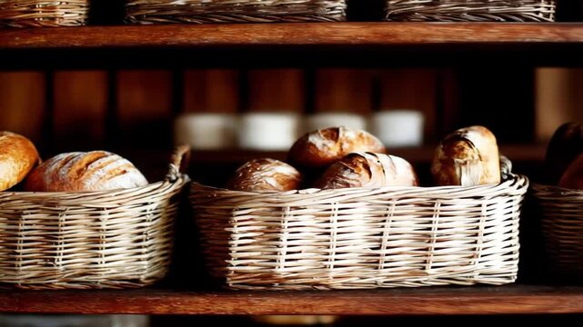 Freshly baked bread in wicker baskets on wooden shelves