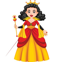 Cartoon Queen Character Illustration with a Golden Crown and Scepter Holding a Ring Regal Woman in a Red and Yellow Gown Detailed Royal Figure Standing Confident Illustration Style